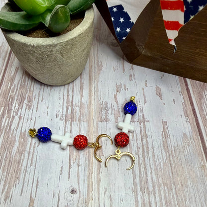 Patriotic Cross Earrings, Red White Blue Rhinestone Dangle Earrings, 4th of July Jewelry, Christian Gift, Memorial Day, Choose Your Hook Style