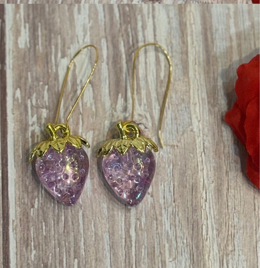 Iridescent Strawberry Earrings - Acrylic Fruit Earrings on French Hooks - Handmade Kawaii Jewelry, Summer Fruit Colorful Strawberry Earrings
