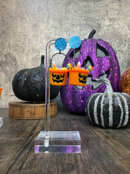Halloween Candy Bucket Earrings: Ghost Buckets with Glitter Studs