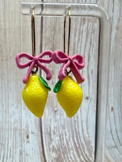 Lemon Bow Dangle Earrings, Hypoallergenic French Hooks, Cute Citrus Earrings, Summer Fruit Jewelry, Gift for Her