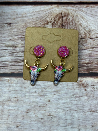 Boho Western Longhorn Skull Earrings with Druzy Studs - Floral Bull Head Dangle Earrings - Country Chic Jewelry - Cowgirl Statement Earrings