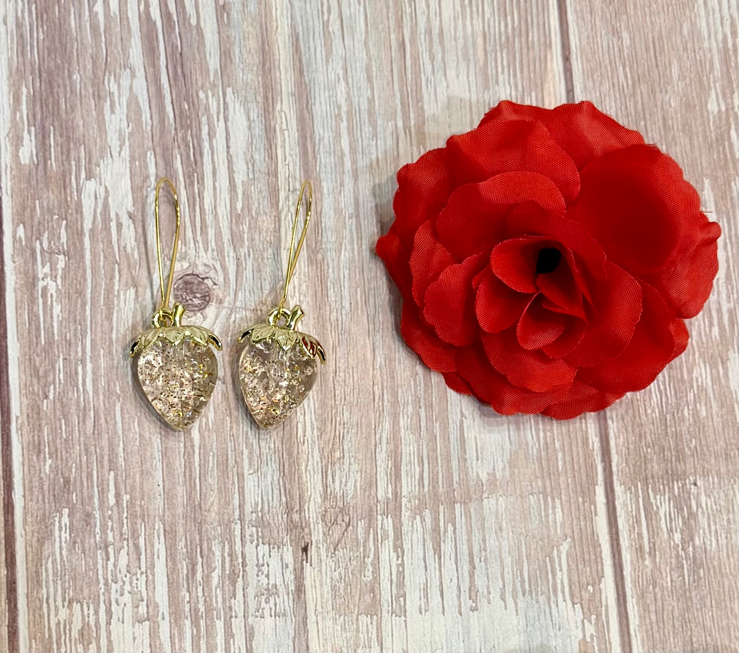 Iridescent Strawberry Earrings - Acrylic Fruit Earrings on French Hooks - Handmade Kawaii Jewelry, Summer Fruit Colorful Strawberry Earrings
