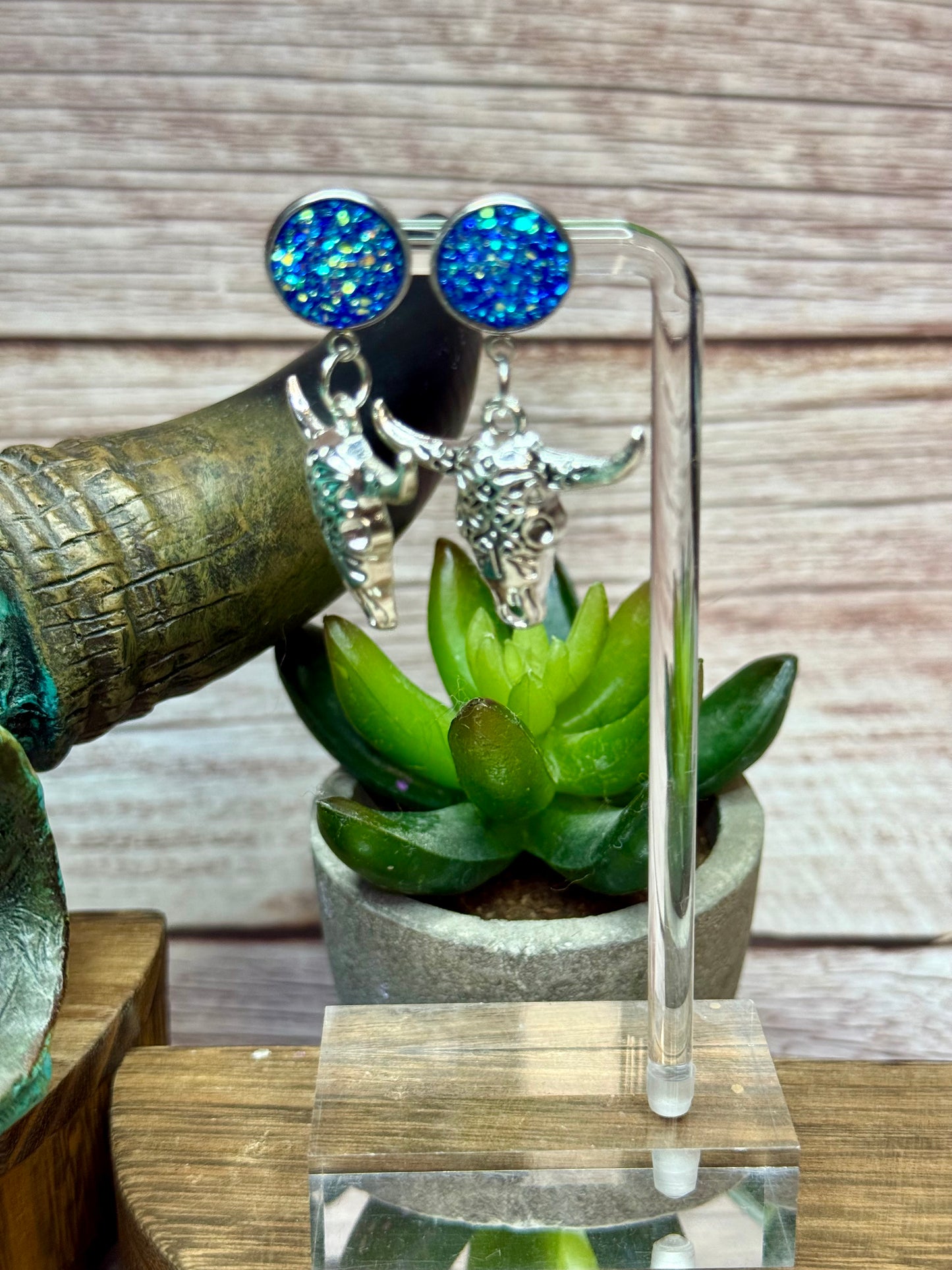 Druzy Western Cow Skull Earrings - Boho Silver Longhorn Dangle Earrings - Southwestern Statement Jewelry - Handmade Festival Earrings