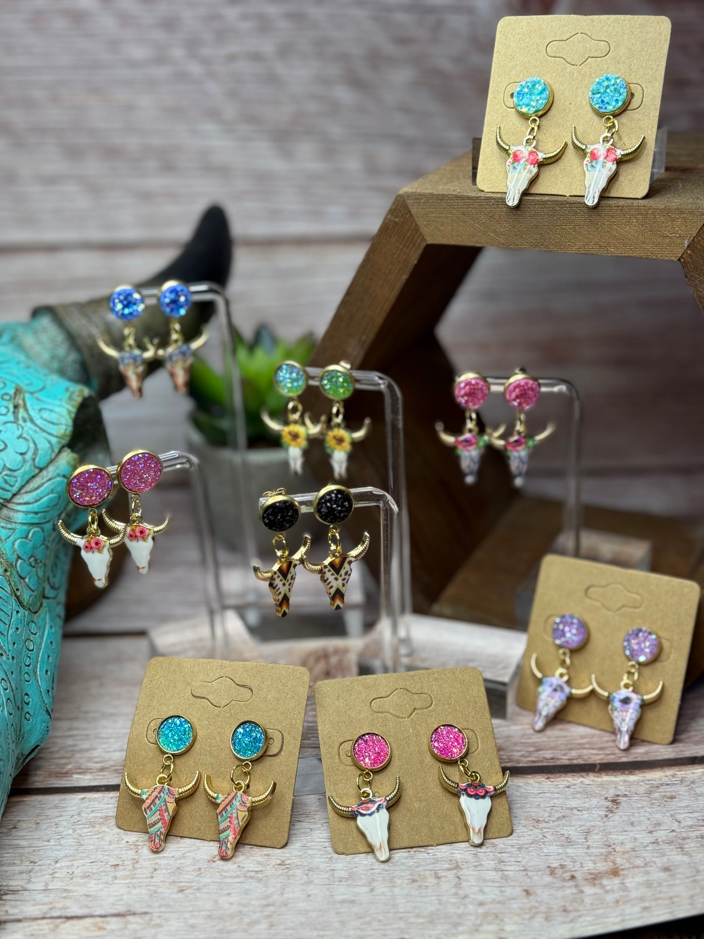 Boho Western Longhorn Skull Earrings with Druzy Studs - Floral Bull Head Dangle Earrings - Country Chic Jewelry - Cowgirl Statement Earrings