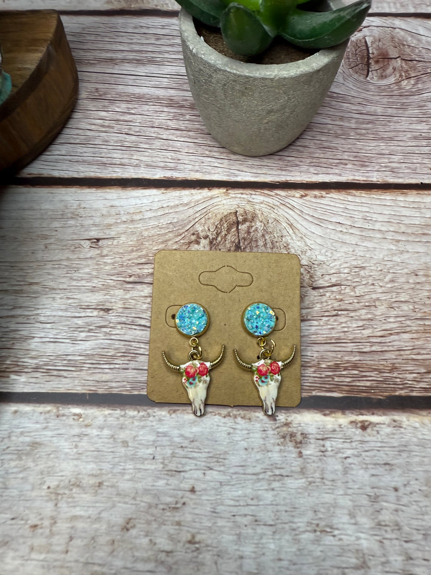 Boho Western Longhorn Skull Earrings with Druzy Studs - Floral Bull Head Dangle Earrings - Country Chic Jewelry - Cowgirl Statement Earrings