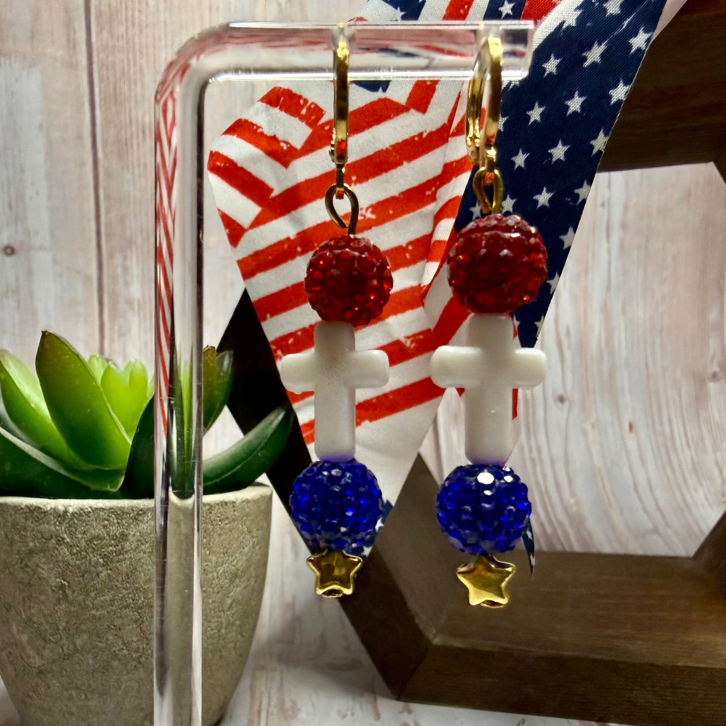 Patriotic Cross Earrings, Red White Blue Rhinestone Dangle Earrings, 4th of July Jewelry, Christian Gift, Memorial Day, Choose Your Hook Style