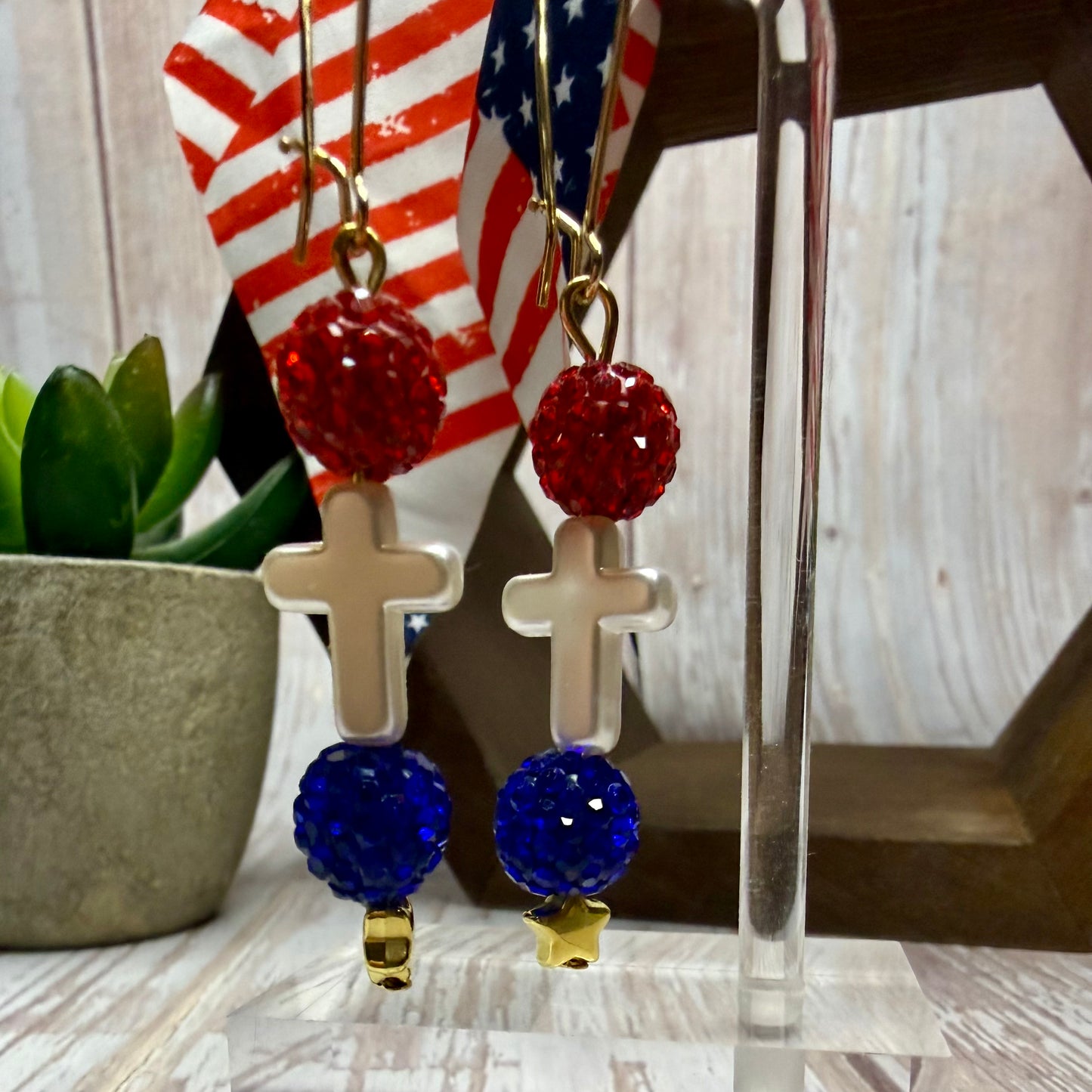 Patriotic Cross Earrings, Red White Blue Rhinestone Dangle Earrings, 4th of July Jewelry, Christian Gift, Memorial Day, Choose Your Hook Style