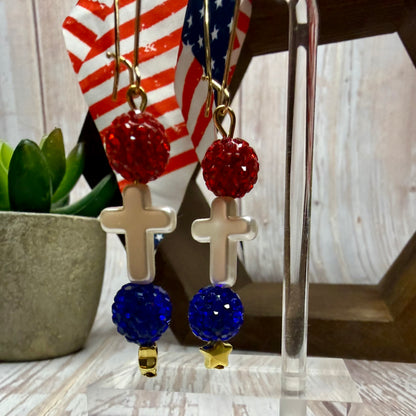 Patriotic Cross Earrings, Red White Blue Rhinestone Dangle Earrings, 4th of July Jewelry, Christian Gift, Memorial Day, Choose Your Hook Style