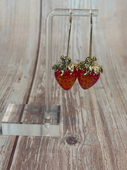 Iridescent Strawberry Earrings - Acrylic Fruit Earrings on French Hooks - Handmade Kawaii Jewelry, Summer Fruit Colorful Strawberry Earrings