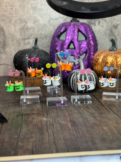 Halloween Candy Bucket Earrings: Ghost Buckets with Glitter Studs