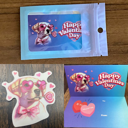 Adorable Dog Puppy Valentine with Matching 2” Vinyl Sticker Perfect Non-Candy Gift for Kids & Class Parties, Valentine Themed Dog Card & Sticker Combo
