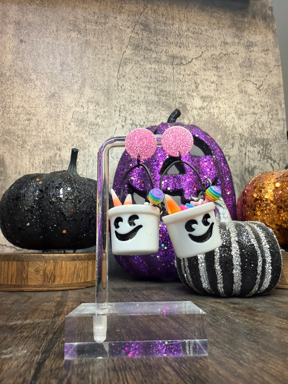 Halloween Candy Bucket Earrings: Ghost Buckets with Glitter Studs