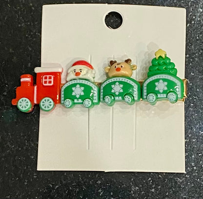 Holiday Christmas Train Hair Clip, Cute Holiday Hair accessory, Unique Christmas Hair Clip: Train with Santa, Snowman, Reindeer characters