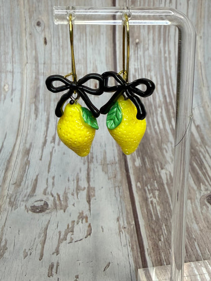 Lemon Bow Dangle Earrings, Hypoallergenic French Hooks, Cute Citrus Earrings, Summer Fruit Jewelry, Gift for Her