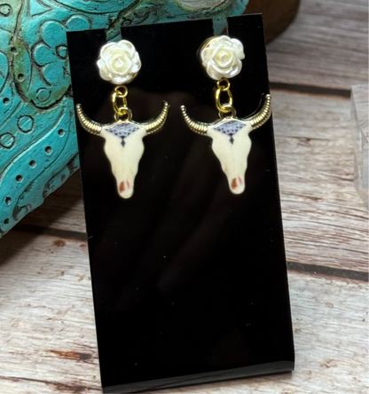 Boho Western Longhorn Skull Earrings with Resin Rose Studs - Floral Bull Head Dangle Earrings - Handmade Country Chic Statement Jewelry