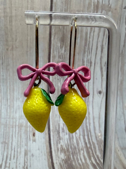 Lemon Bow Dangle Earrings, Hypoallergenic French Hooks, Cute Citrus Earrings, Summer Fruit Jewelry, Gift for Her