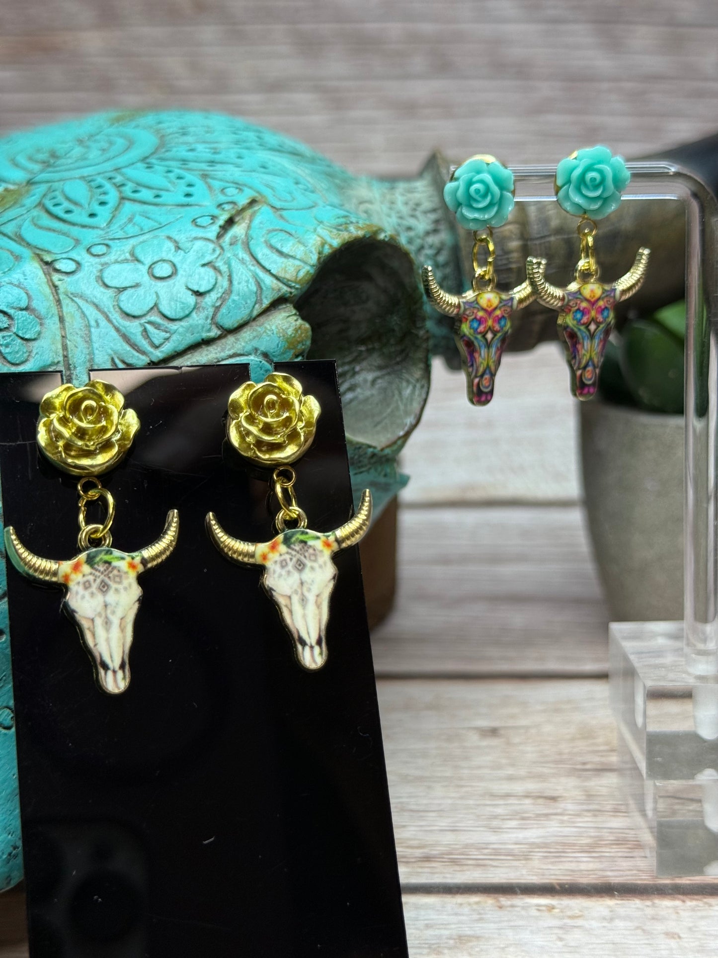 Boho Western Longhorn Skull Earrings with Resin Rose Studs - Floral Bull Head Dangle Earrings - Handmade Country Chic Statement Jewelry