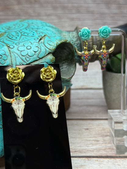 Boho Western Longhorn Skull Earrings with Resin Rose Studs - Floral Bull Head Dangle Earrings - Handmade Country Chic Statement Jewelry