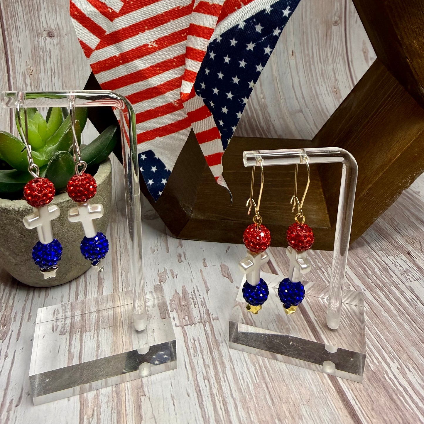 Patriotic Cross Earrings, Red White Blue Rhinestone Dangle Earrings, 4th of July Jewelry, Christian Gift, Memorial Day, Choose Your Hook Style