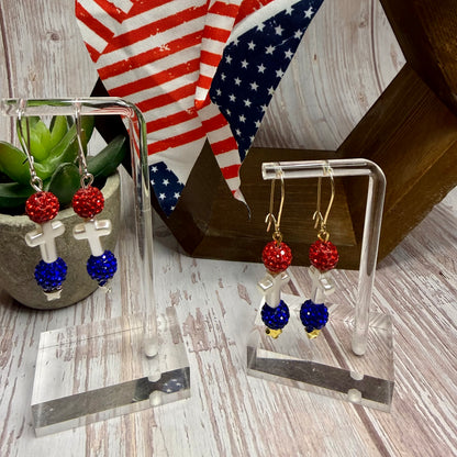 Patriotic Cross Earrings, Red White Blue Rhinestone Dangle Earrings, 4th of July Jewelry, Christian Gift, Memorial Day, Choose Your Hook Style