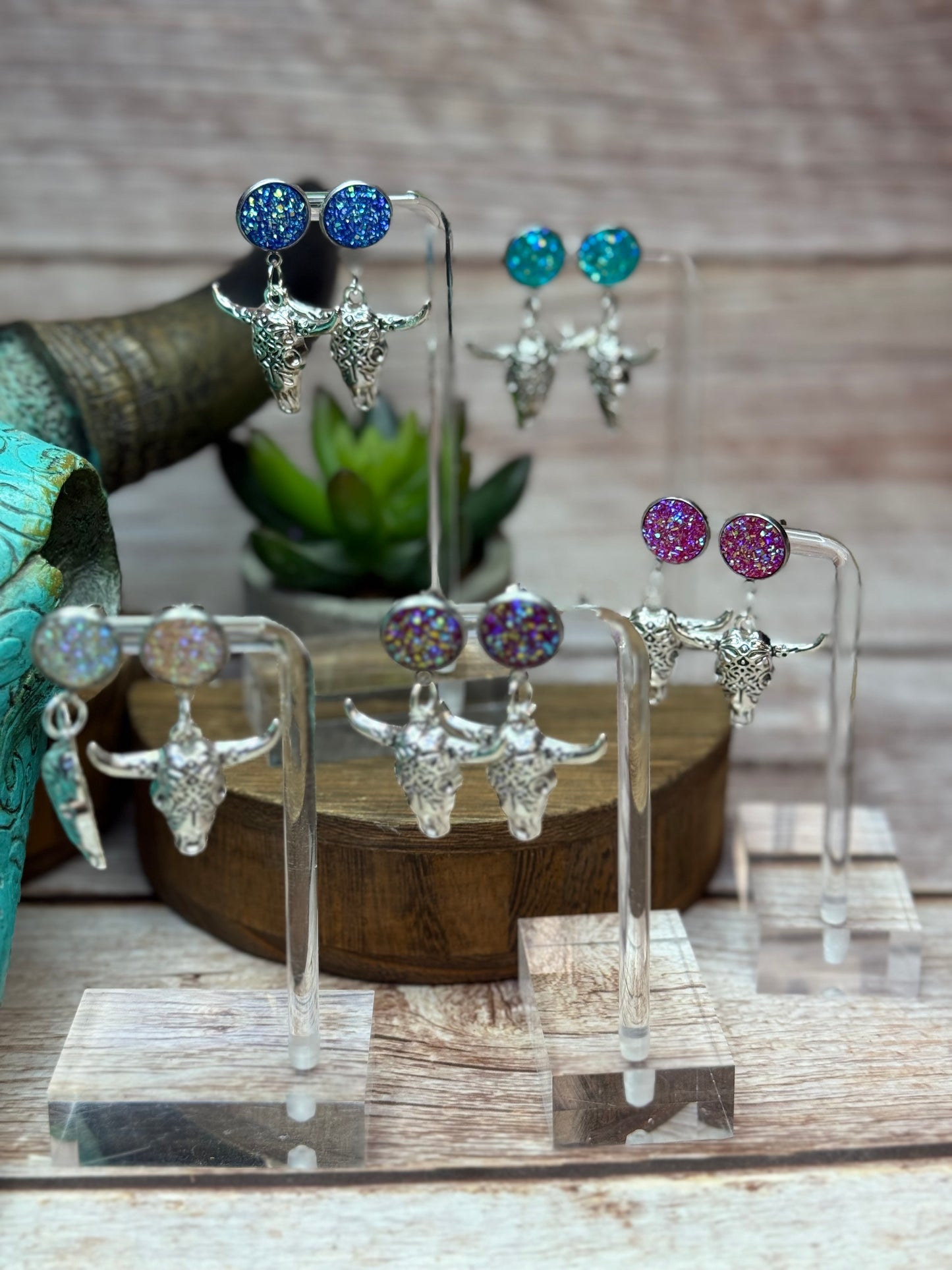 Druzy Western Cow Skull Earrings - Boho Silver Longhorn Dangle Earrings - Southwestern Statement Jewelry - Handmade Festival Earrings