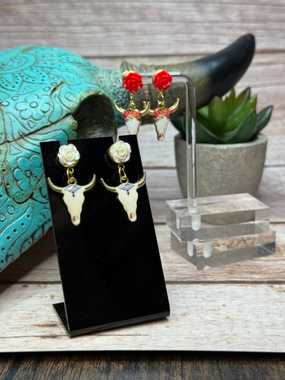 Boho Western Longhorn Skull Earrings with Resin Rose Studs - Floral Bull Head Dangle Earrings - Handmade Country Chic Statement Jewelry