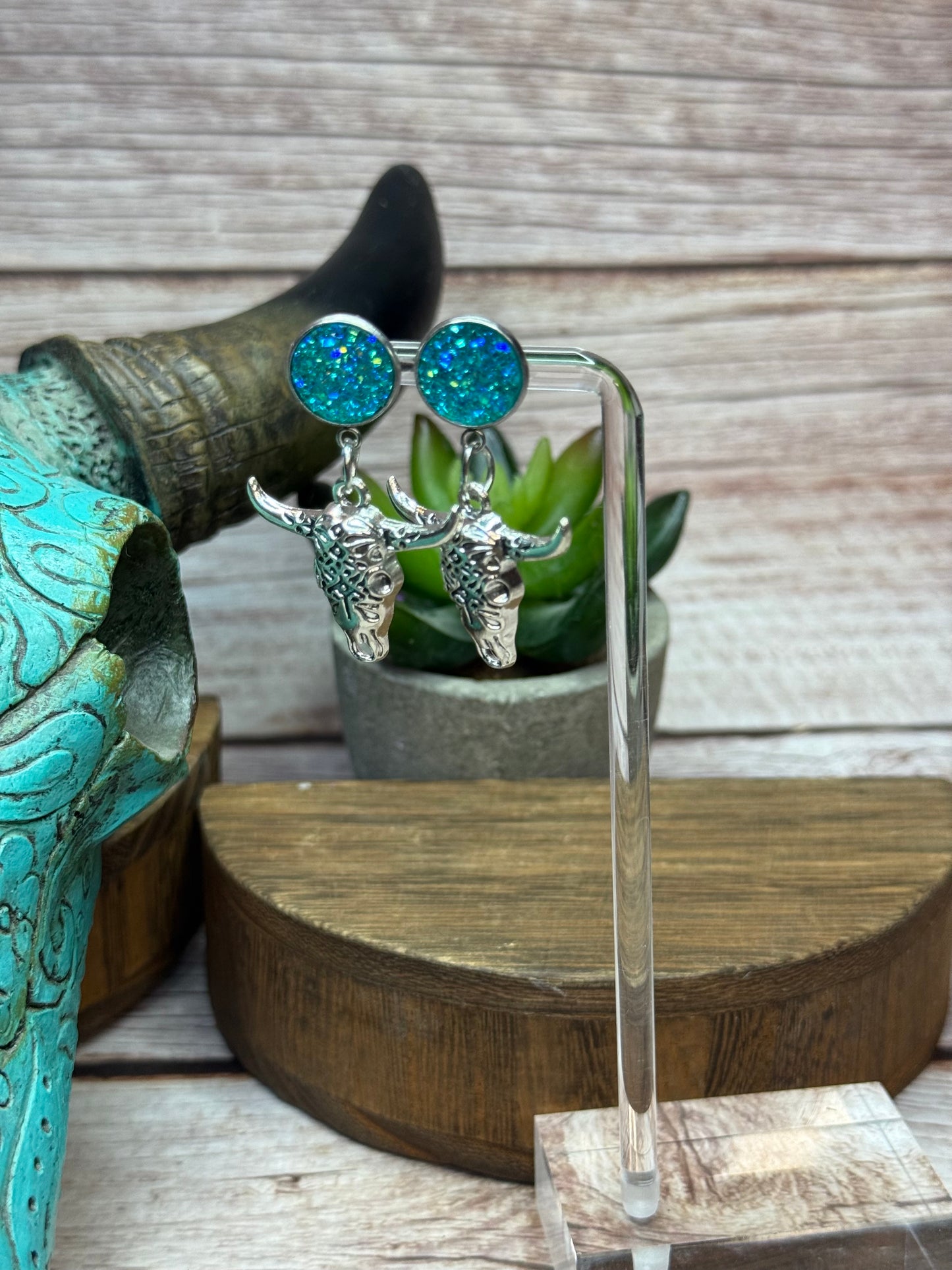 Druzy Western Cow Skull Earrings - Boho Silver Longhorn Dangle Earrings - Southwestern Statement Jewelry - Handmade Festival Earrings