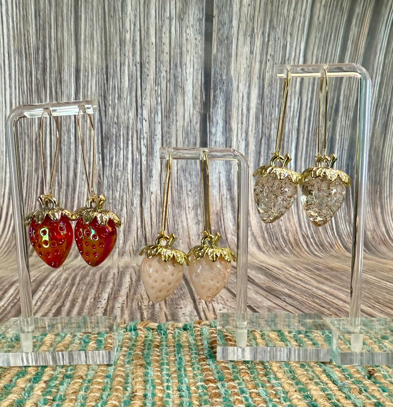 Iridescent Strawberry Earrings - Acrylic Fruit Earrings on French Hooks - Handmade Kawaii Jewelry, Summer Fruit Colorful Strawberry Earrings