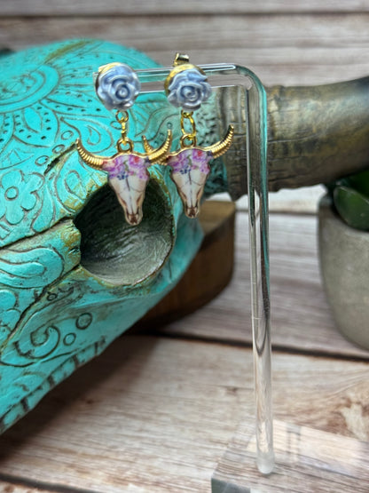 Boho Western Longhorn Skull Earrings with Resin Rose Studs - Floral Bull Head Dangle Earrings - Handmade Country Chic Statement Jewelry