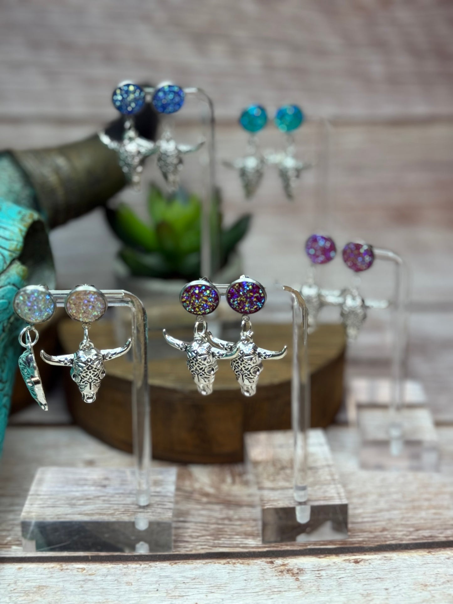 Druzy Western Cow Skull Earrings - Boho Silver Longhorn Dangle Earrings - Southwestern Statement Jewelry - Handmade Festival Earrings