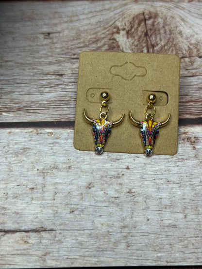 Boho Western Longhorn Skull Earrings with Resin Rose Studs - Floral Bull Head Dangle Earrings - Handmade Country Chic Statement Jewelry