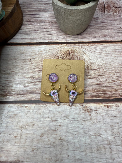 Boho Western Longhorn Skull Earrings with Druzy Studs - Floral Bull Head Dangle Earrings - Country Chic Jewelry - Cowgirl Statement Earrings