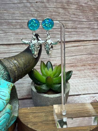 Druzy Western Cow Skull Earrings - Boho Silver Longhorn Dangle Earrings - Southwestern Statement Jewelry - Handmade Festival Earrings