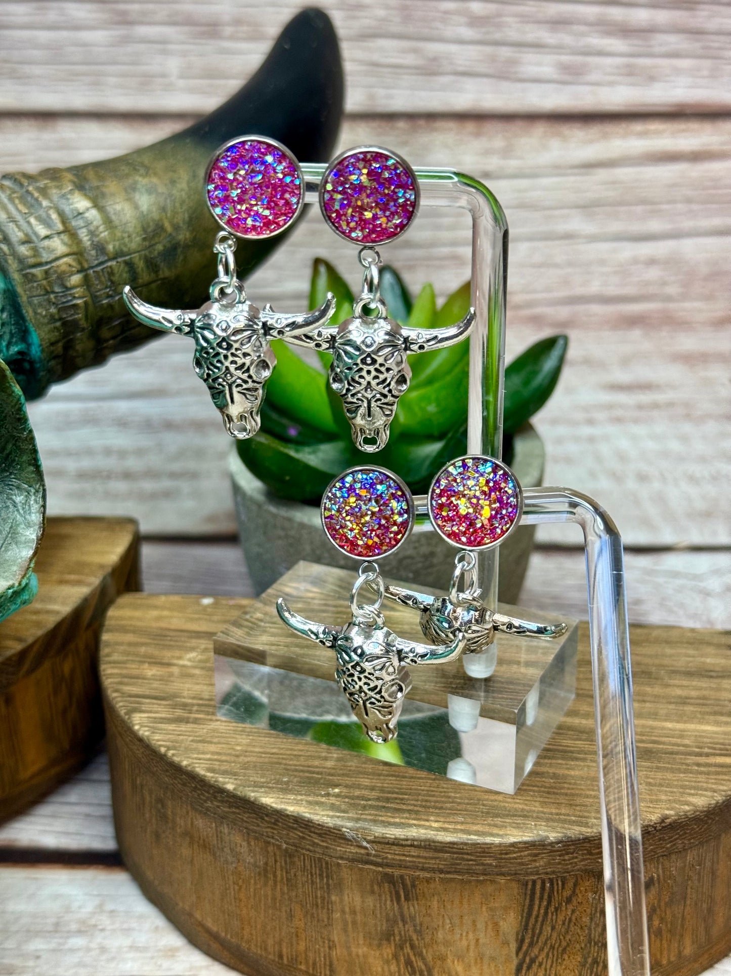Druzy Western Cow Skull Earrings - Boho Silver Longhorn Dangle Earrings - Southwestern Statement Jewelry - Handmade Festival Earrings