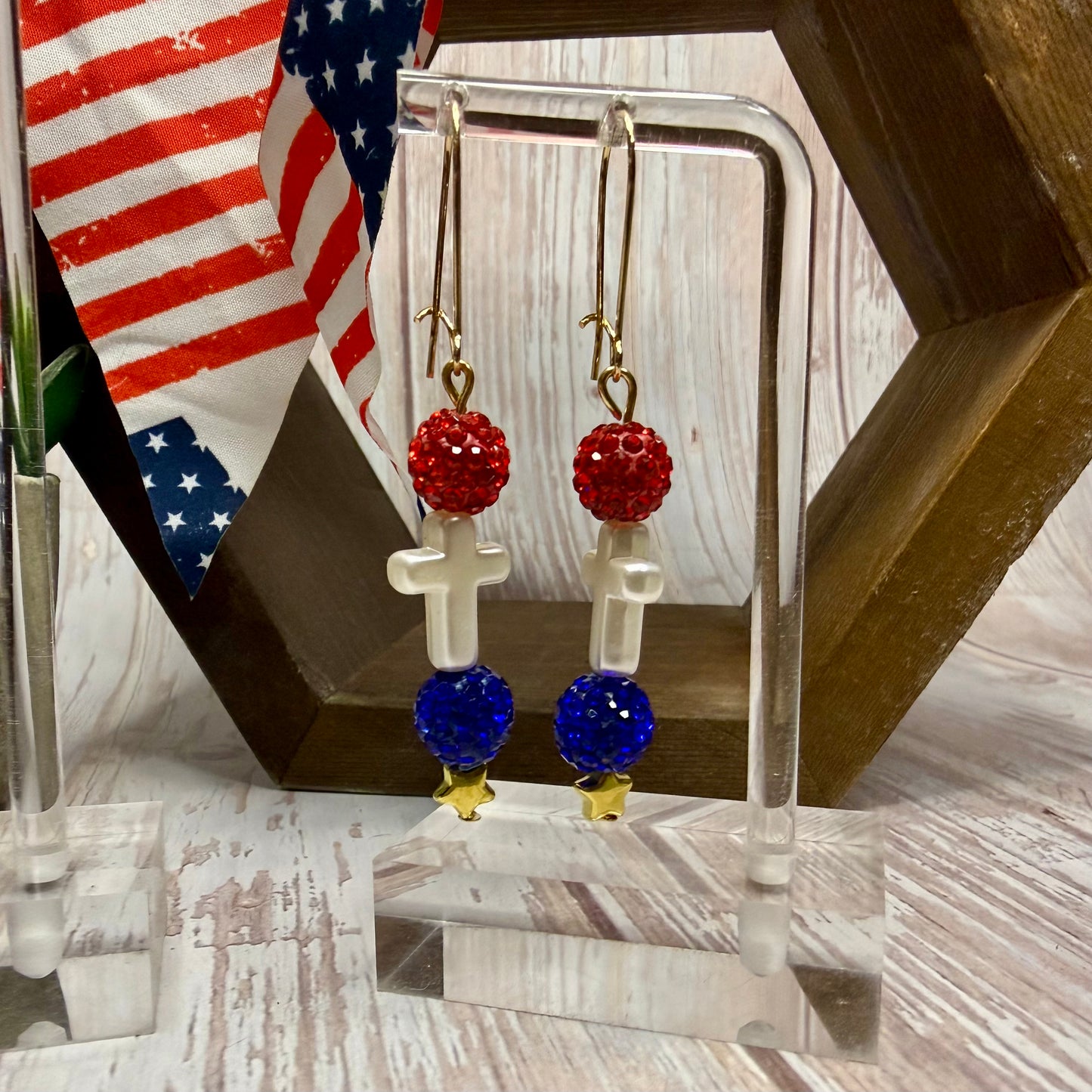 Patriotic Cross Earrings, Red White Blue Rhinestone Dangle Earrings, 4th of July Jewelry, Christian Gift, Memorial Day, Choose Your Hook Style