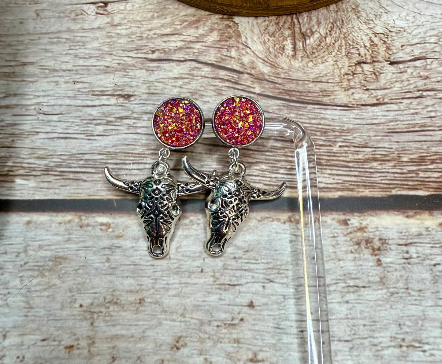 Druzy Western Cow Skull Earrings - Boho Silver Longhorn Dangle Earrings - Southwestern Statement Jewelry - Handmade Festival Earrings