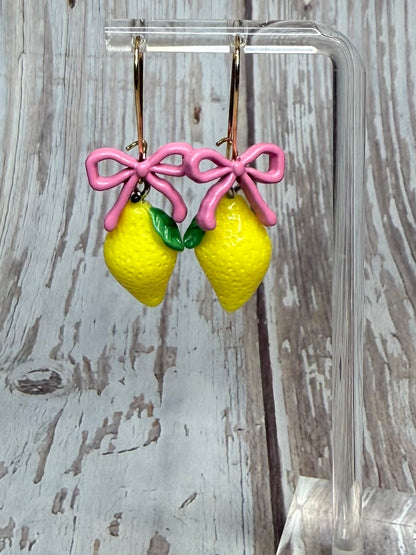 Lemon Bow Dangle Earrings, Hypoallergenic French Hooks, Cute Citrus Earrings, Summer Fruit Jewelry, Gift for Her