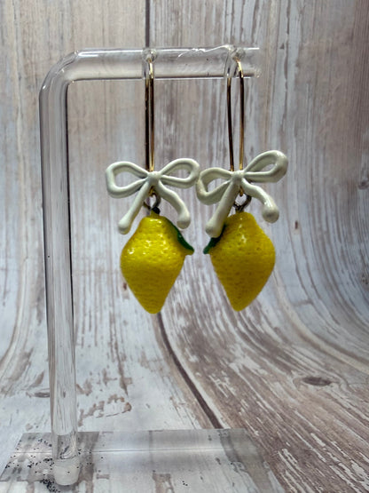 Lemon Bow Dangle Earrings, Hypoallergenic French Hooks, Cute Citrus Earrings, Summer Fruit Jewelry, Gift for Her