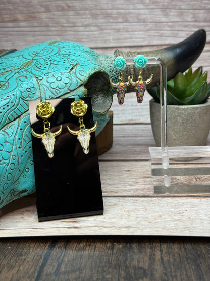 Boho Western Longhorn Skull Earrings with Resin Rose Studs - Floral Bull Head Dangle Earrings - Handmade Country Chic Statement Jewelry