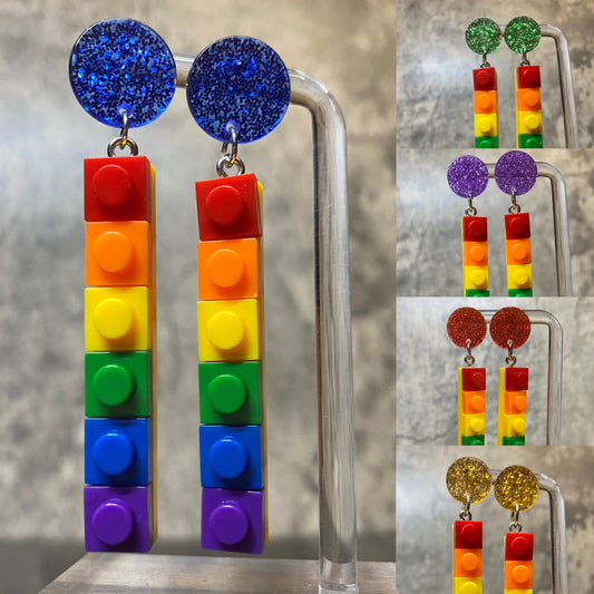 Rainbow Lego Earrings with Colorful Glitter Posts, Pride and Ally Support Jewelry, Fun Statement Accessory, Pride Earrings