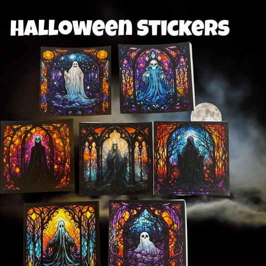 Halloween Sticker Set, Ghost Stickers,  Stained Glass Vinyl Sticker Set, Spooky Colorful Halloween Vinyl Laptop Water Bottle Sticker Set