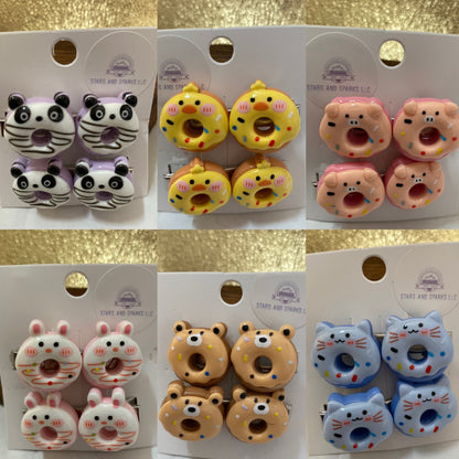 Fun Colorful and Playful Doughnut Shaped Animal Themed Hair Clips, Cute Hair Accessory, Animal, Candy Coated Hair Barrettes
