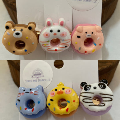 Fun Colorful and Playful Doughnut Shaped Animal Themed Hair Clips, Cute Hair Accessory, Animal, Candy Coated Hair Barrettes