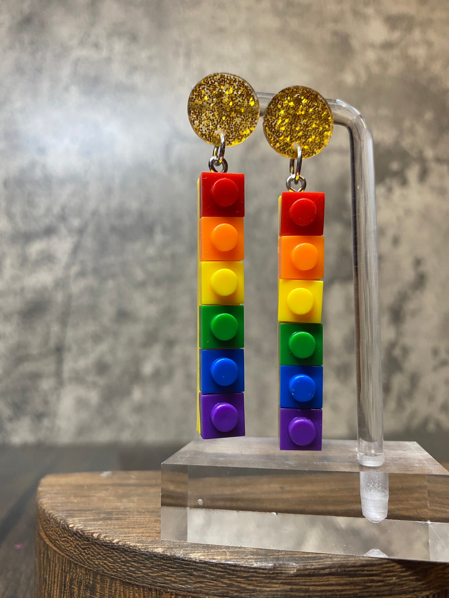 Rainbow Lego Earrings with Colorful Glitter Posts, Pride and Ally Support Jewelry, Fun Statement Accessory, Pride Earrings