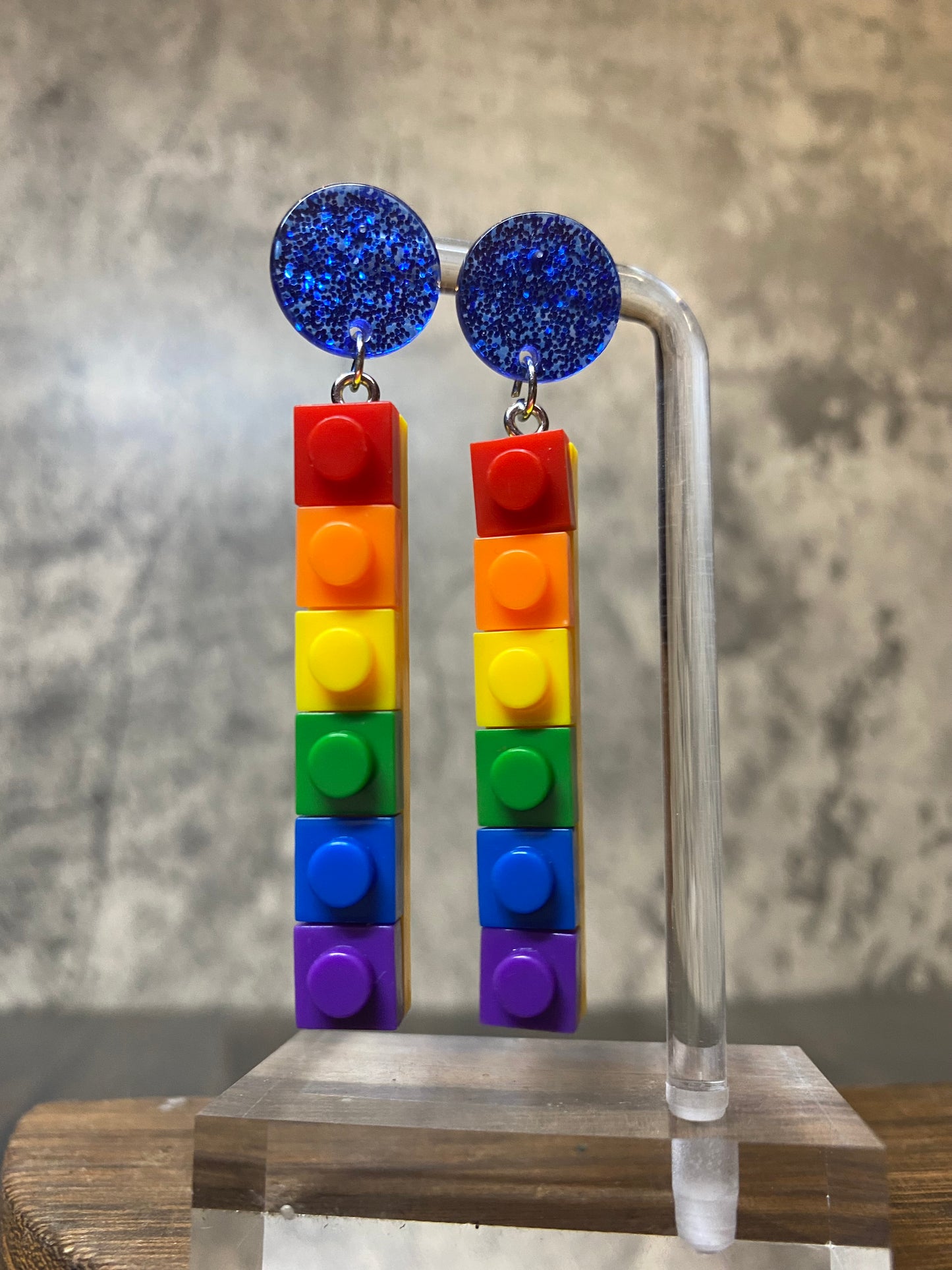 Rainbow Lego Earrings with Colorful Glitter Posts, Pride and Ally Support Jewelry, Fun Statement Accessory, Pride Earrings