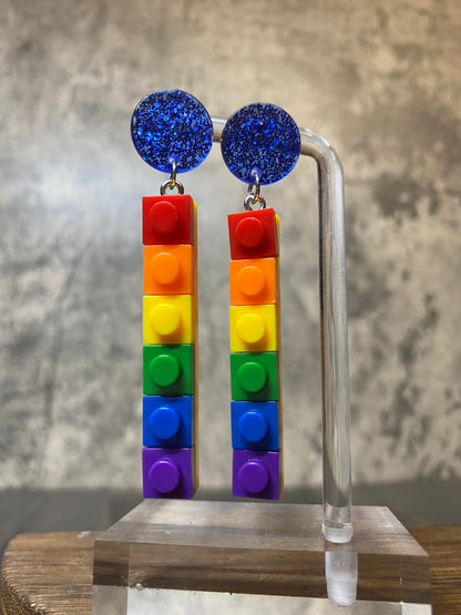 Rainbow Lego Earrings with Colorful Glitter Posts, Pride and Ally Support Jewelry, Fun Statement Accessory, Pride Earrings