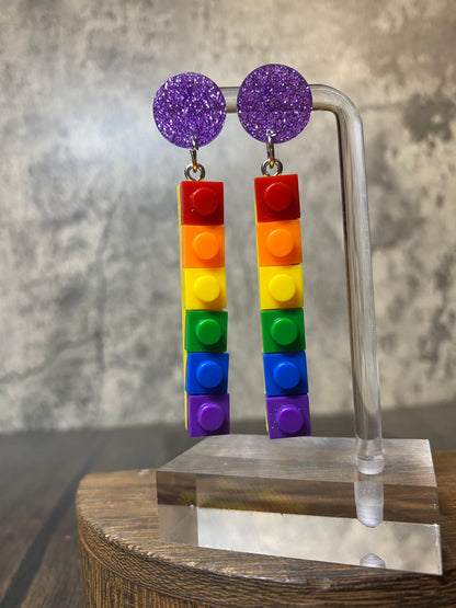 Rainbow Lego Earrings with Colorful Glitter Posts, Pride and Ally Support Jewelry, Fun Statement Accessory, Pride Earrings