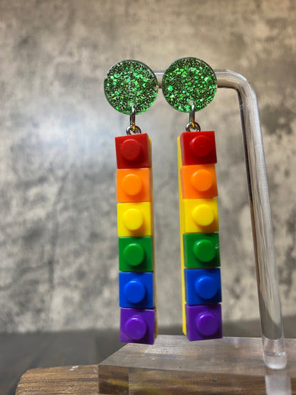 Rainbow Lego Earrings with Colorful Glitter Posts, Pride and Ally Support Jewelry, Fun Statement Accessory, Pride Earrings