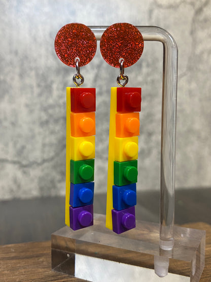 Rainbow Lego Earrings with Colorful Glitter Posts, Pride and Ally Support Jewelry, Fun Statement Accessory, Pride Earrings