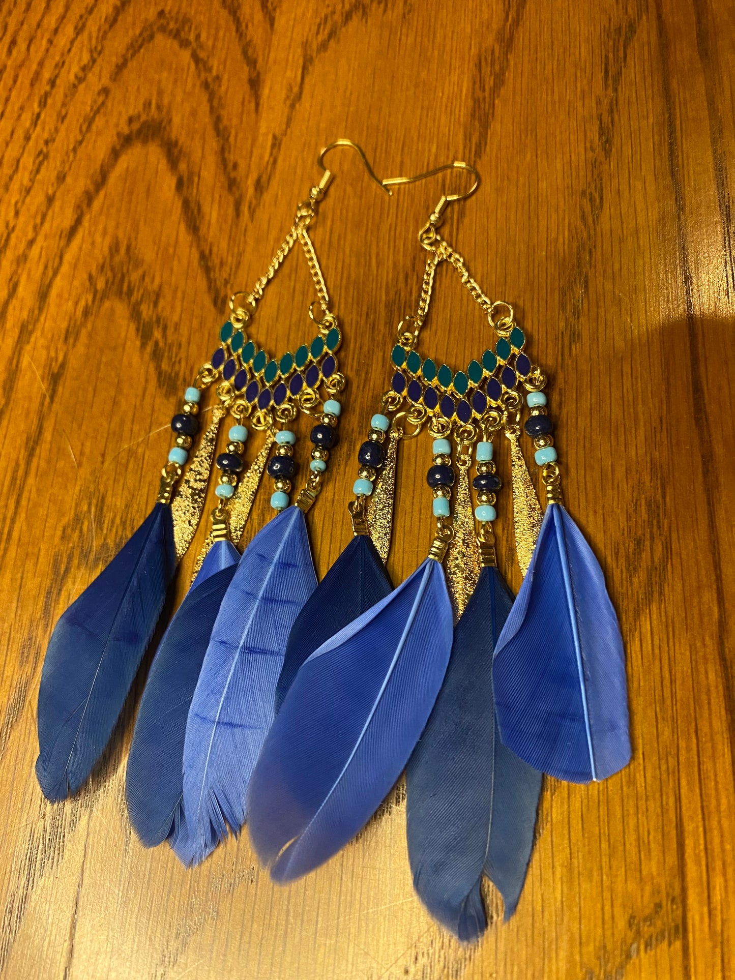 Boho Feather Earrings, Bright Colored Feather, Bead, and Gold Alloy Dangle Earrings- Several Colors